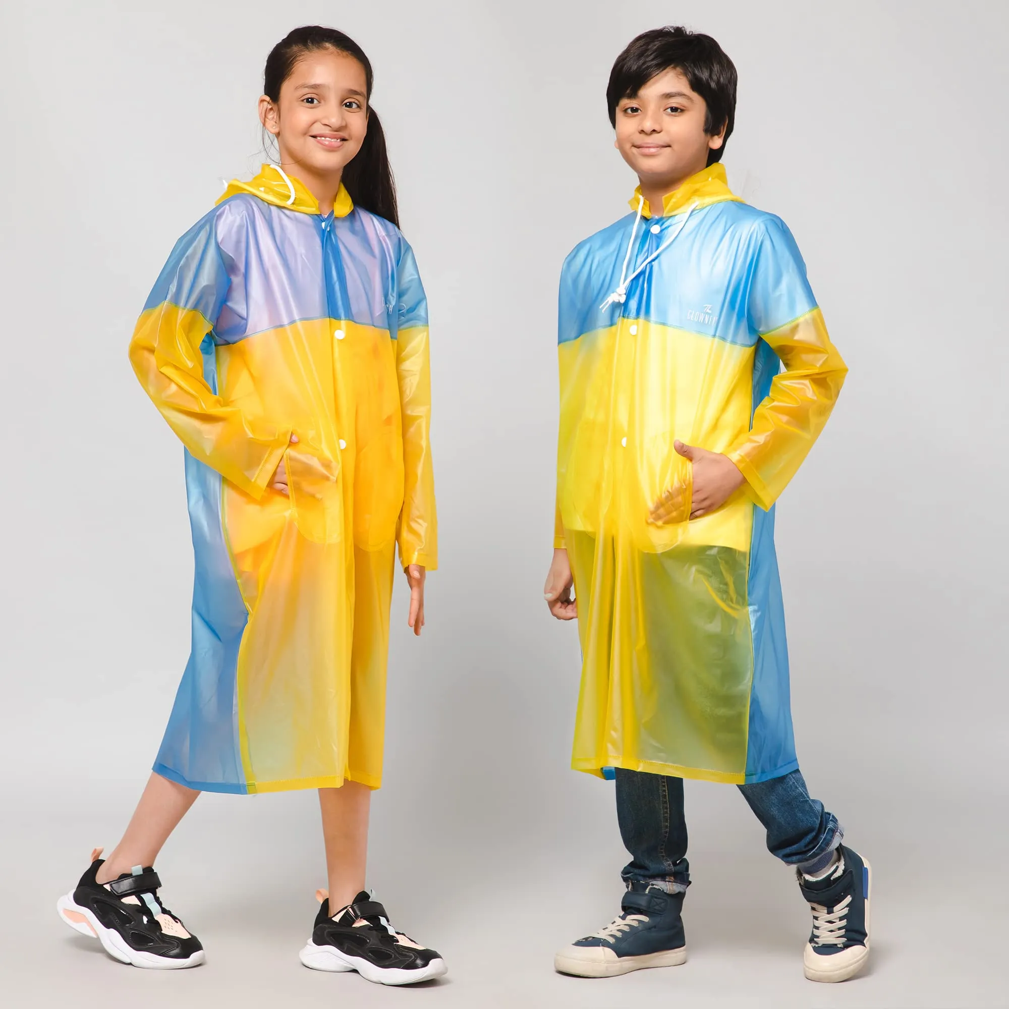 THE CLOWNFISH Puddle Jumper Series Unisex Kids Waterproof Single Layer PVC Longcoat/Raincoat with Adjustable Hood. Age-3-4 Years (Fluoroscent Blue)