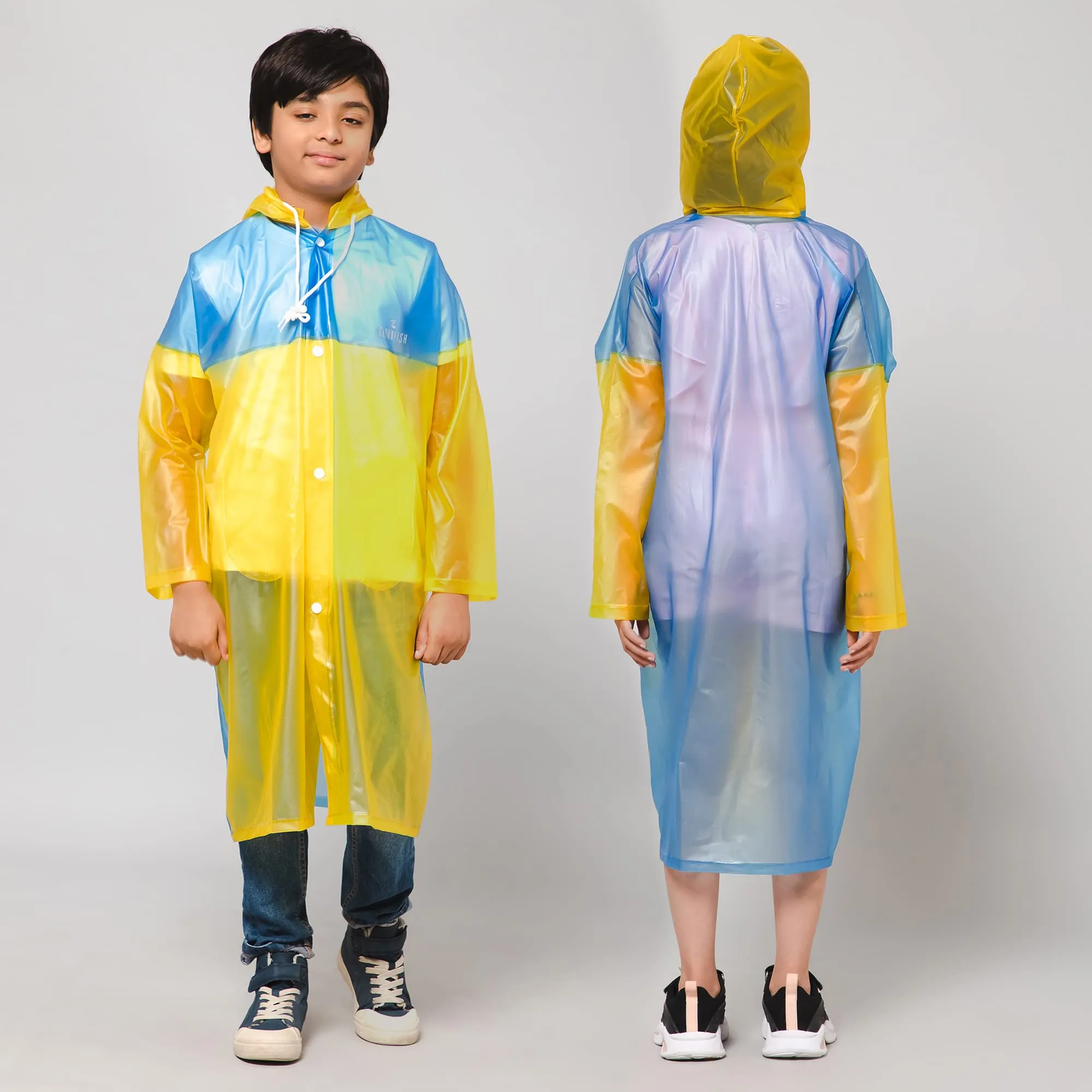 THE CLOWNFISH Puddle Jumper Series Unisex Kids Waterproof Single Layer PVC Longcoat/Raincoat with Adjustable Hood. Age-3-4 Years (Fluoroscent Blue)