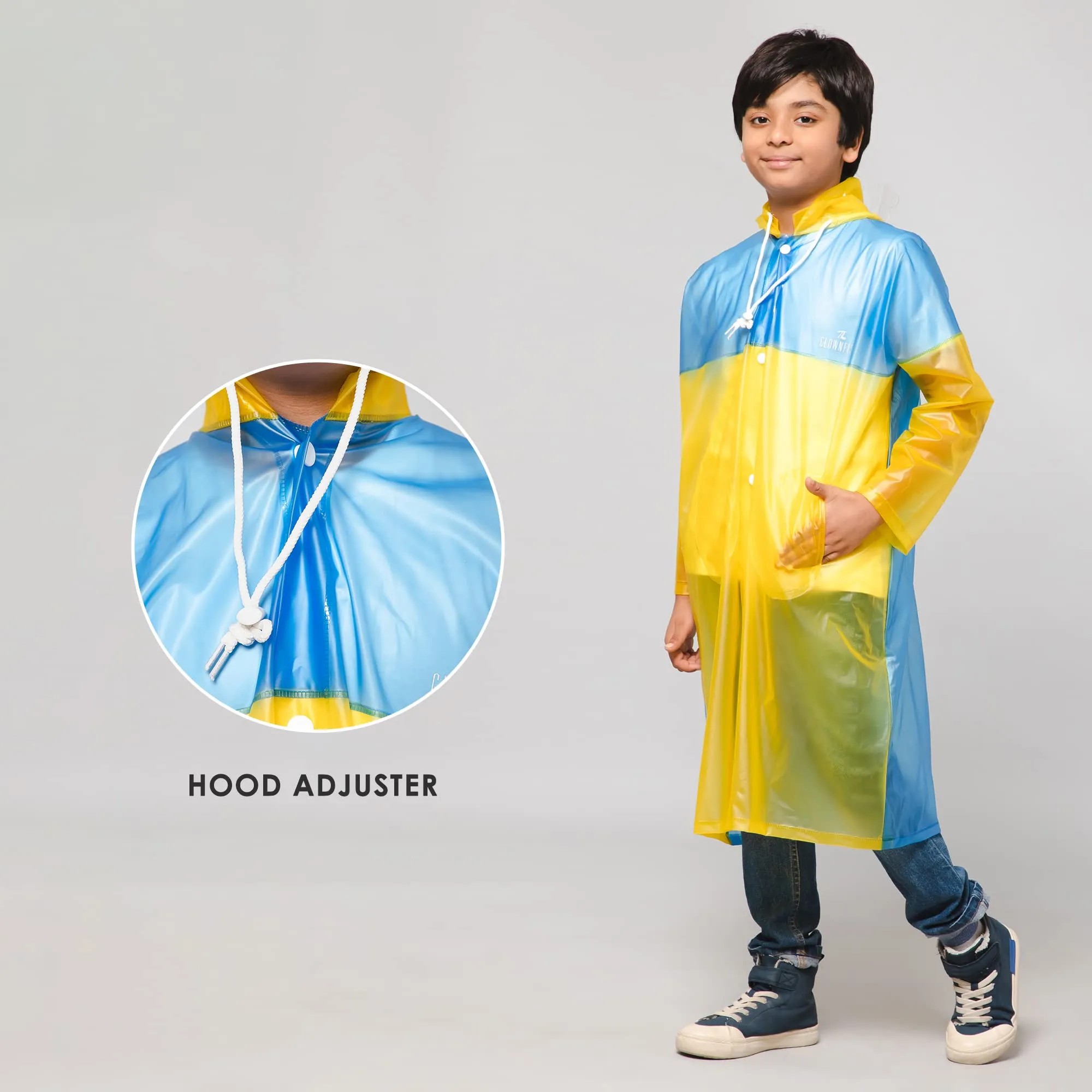 THE CLOWNFISH Puddle Jumper Series Unisex Kids Waterproof Single Layer PVC Longcoat/Raincoat with Adjustable Hood. Age-3-4 Years (Fluoroscent Blue)