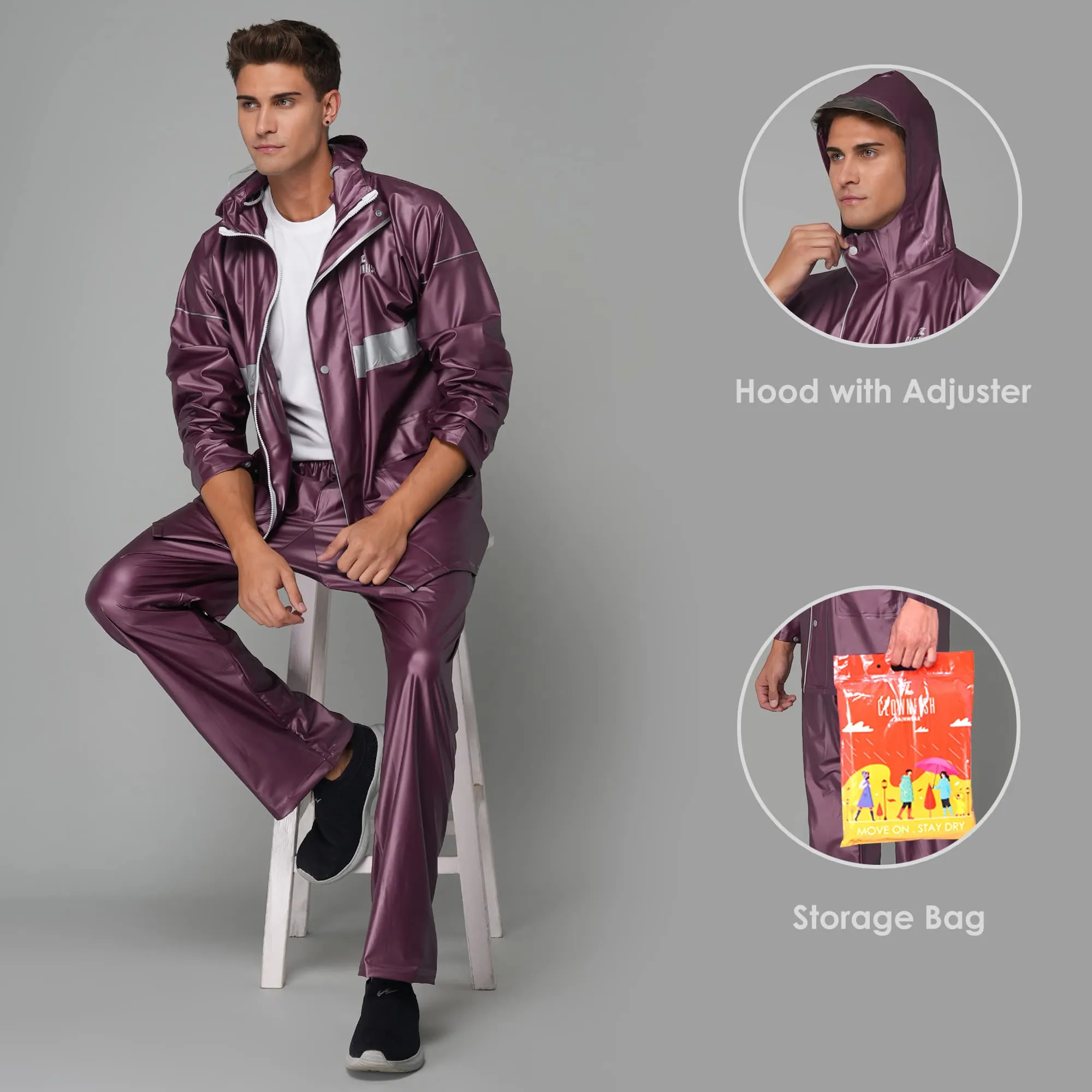 THE CLOWNFISH Rain Coat for Men Waterproof for Bike Raincoat for Men with Hood PVC Material. Set of Top and Bottom. Azure Pro Series (Burgundy, X-Large)