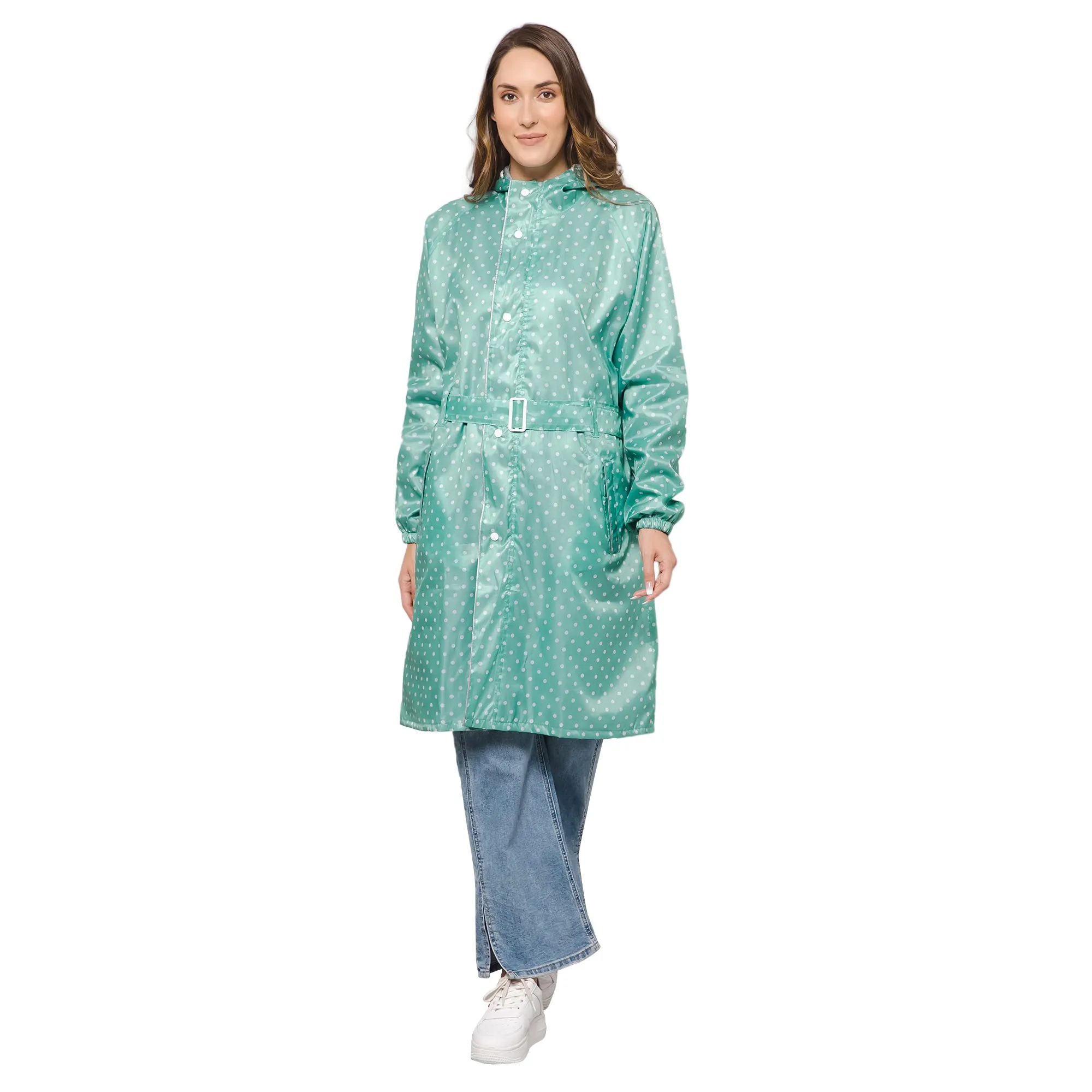 THE CLOWNFISH Raincoats for Women Rain Coat for Women Longcoat Raincoat for Ladies Waterproof Reversible Double Layer. Dotty Delight Series (Green, XX-Large)