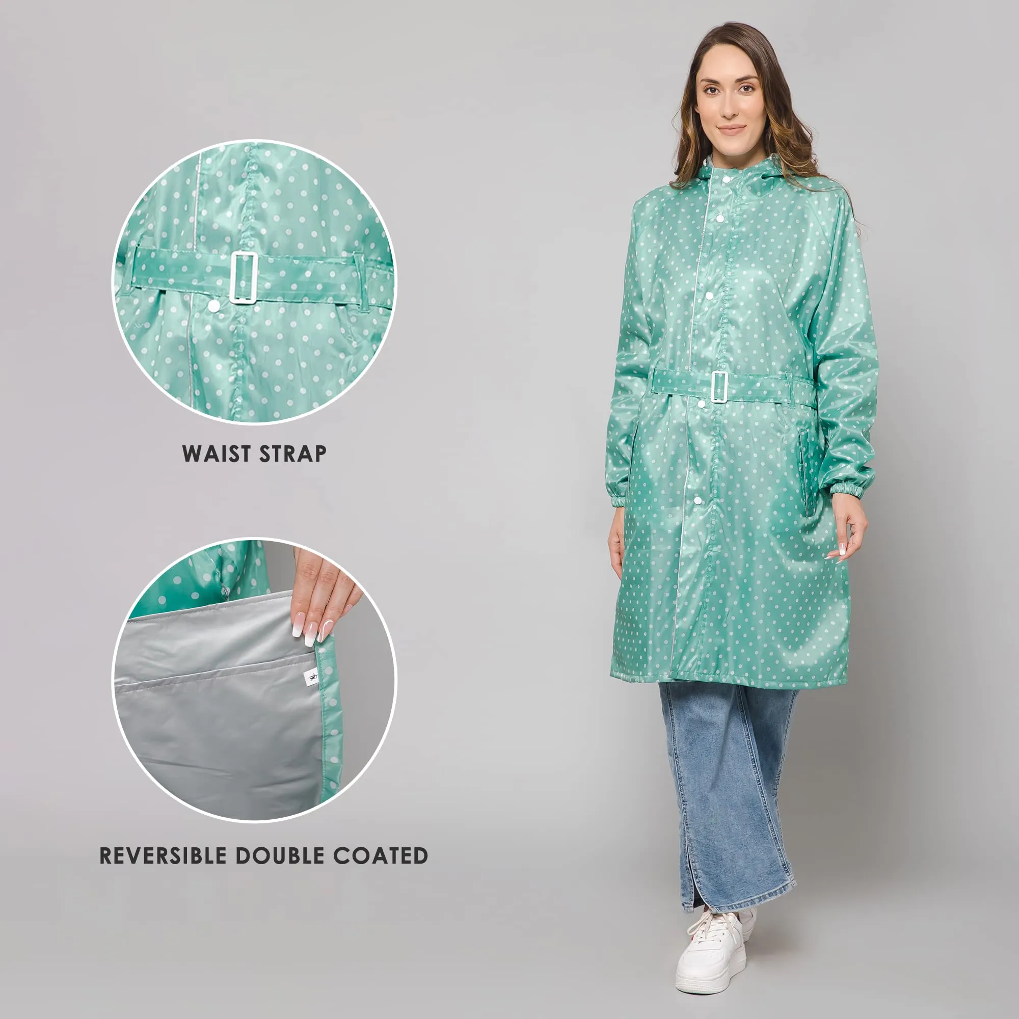 THE CLOWNFISH Raincoats for Women Rain Coat for Women Longcoat Raincoat for Ladies Waterproof Reversible Double Layer. Dotty Delight Series (Green, XX-Large)