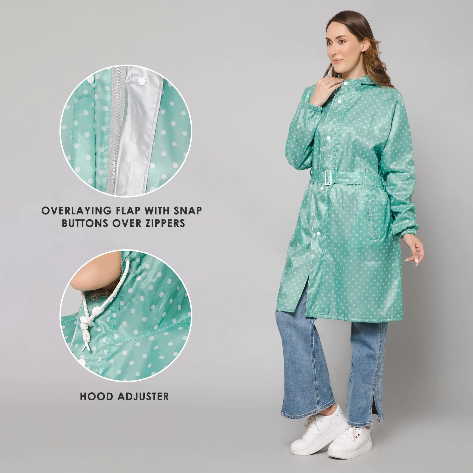 THE CLOWNFISH Raincoats for Women Rain Coat for Women Longcoat Raincoat for Ladies Waterproof Reversible Double Layer. Dotty Delight Series (Green, XX-Large)