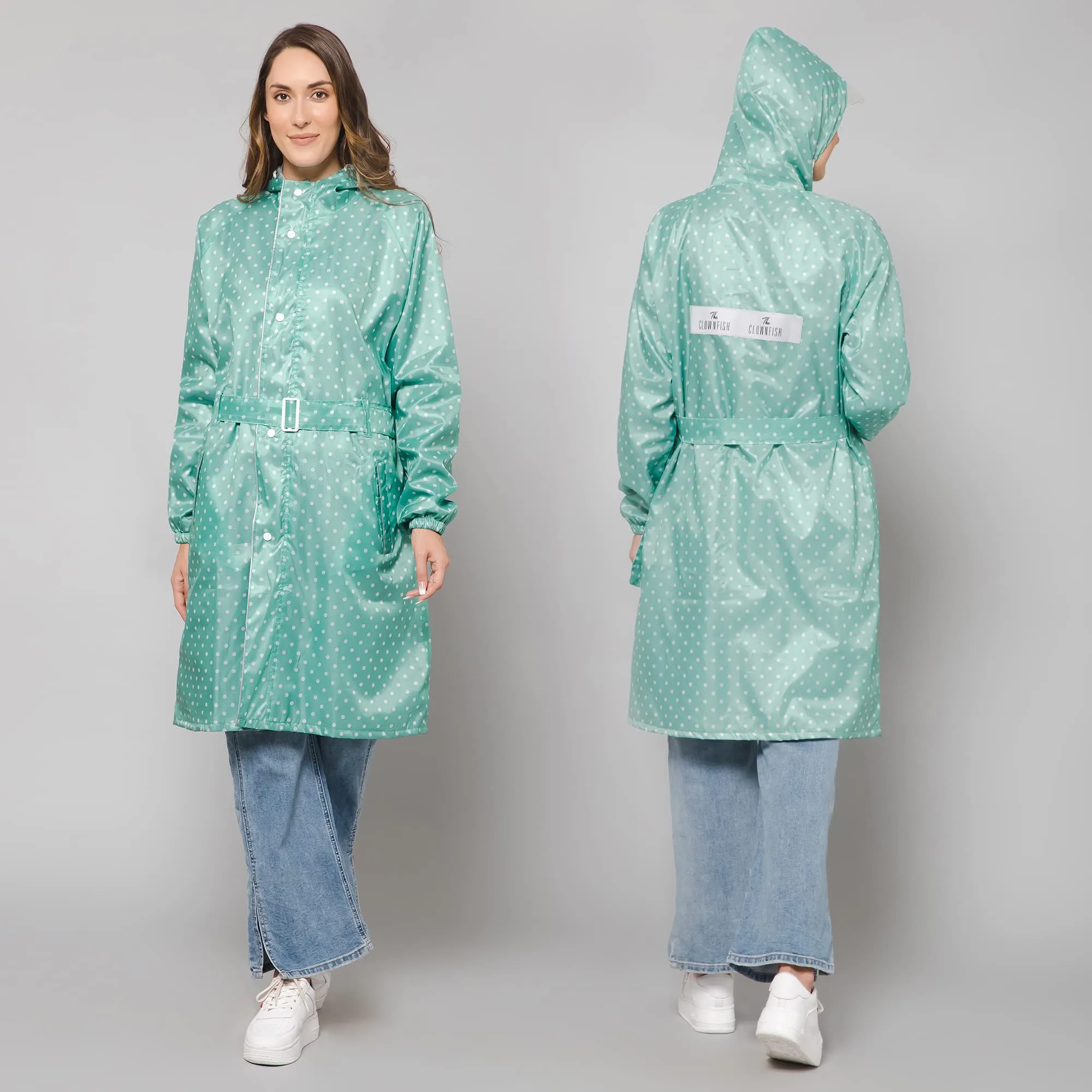 THE CLOWNFISH Raincoats for Women Rain Coat for Women Longcoat Raincoat for Ladies Waterproof Reversible Double Layer. Dotty Delight Series (Green, XX-Large)