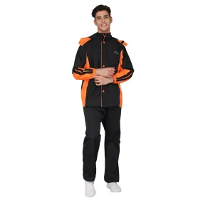 The Clownfish Solomon Series Men's Waterproof Polyester Double Coating Reversible Raincoat with Hood and Reflector Logo at Back. Set of Top and Bottom. Printed Plastic Pouch with Rope ( Black, XX-Large)