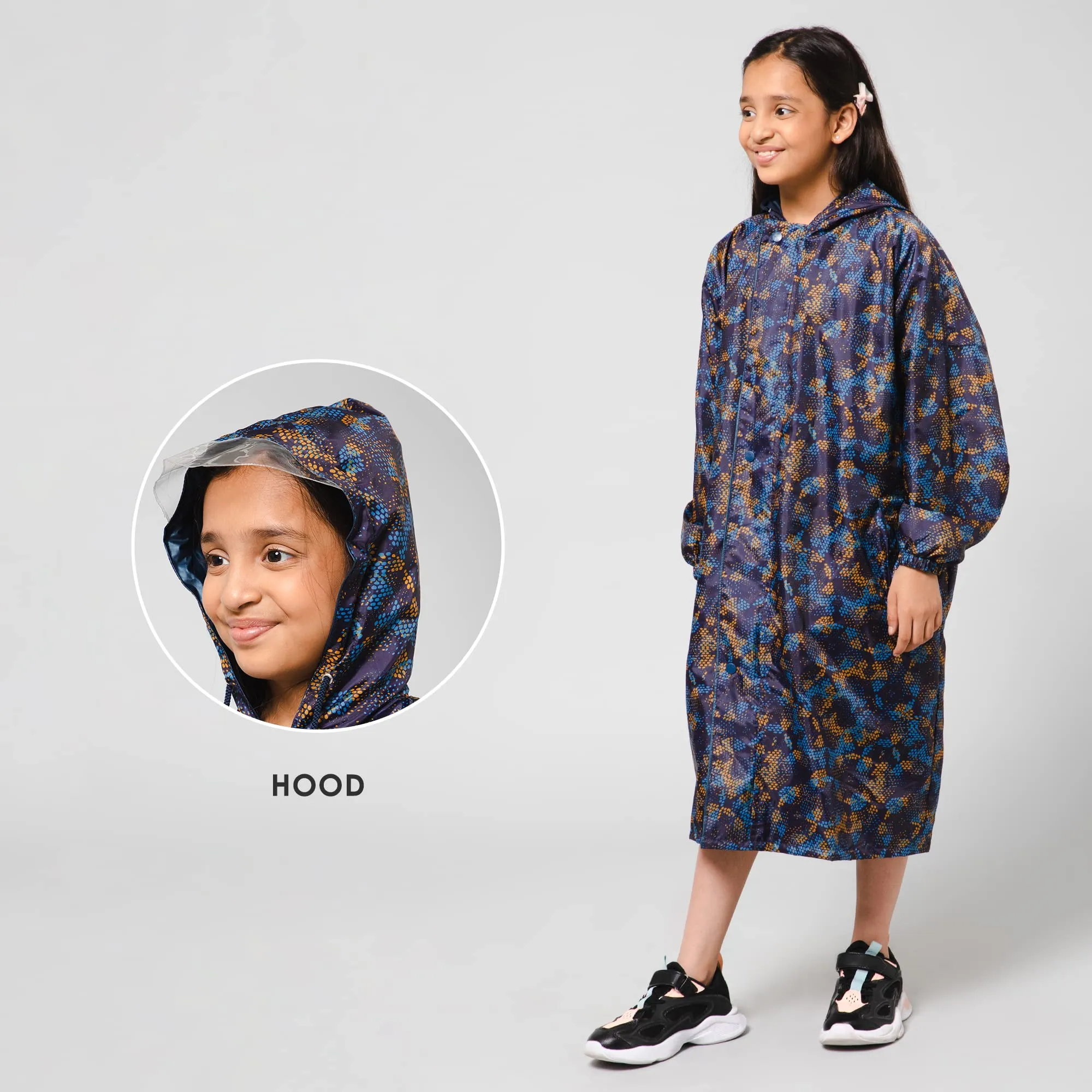 THE CLOWNFISH Splash Squad Series Kids Raincoat Waterproof Polyester Double Coating Reversible Longcoat with Hood and Reflector Logo at Back. Printed Plastic Pouch. Kid Age-9-10 years (Midnight Blue)