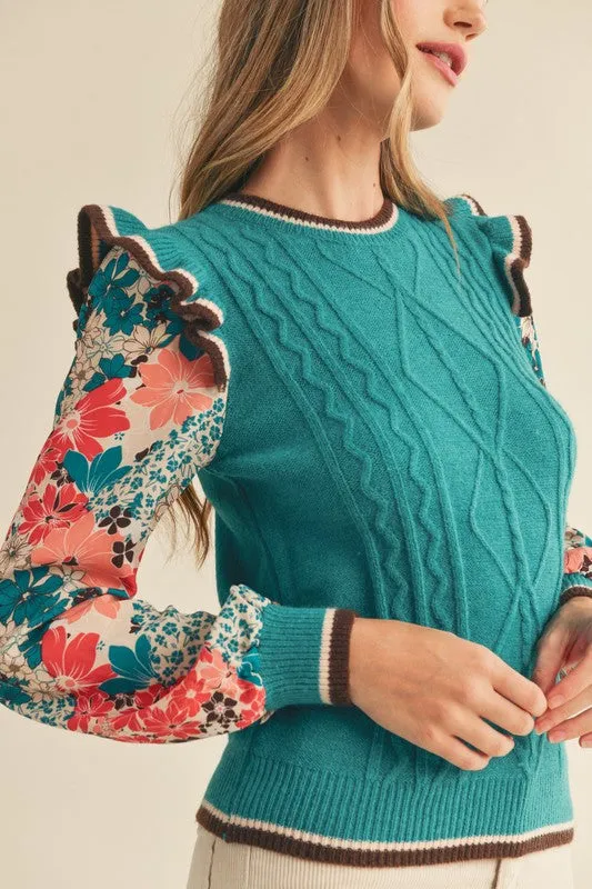 Turq Teal Mult Cable Knit Sweater Top With Woven Floral Sleeves