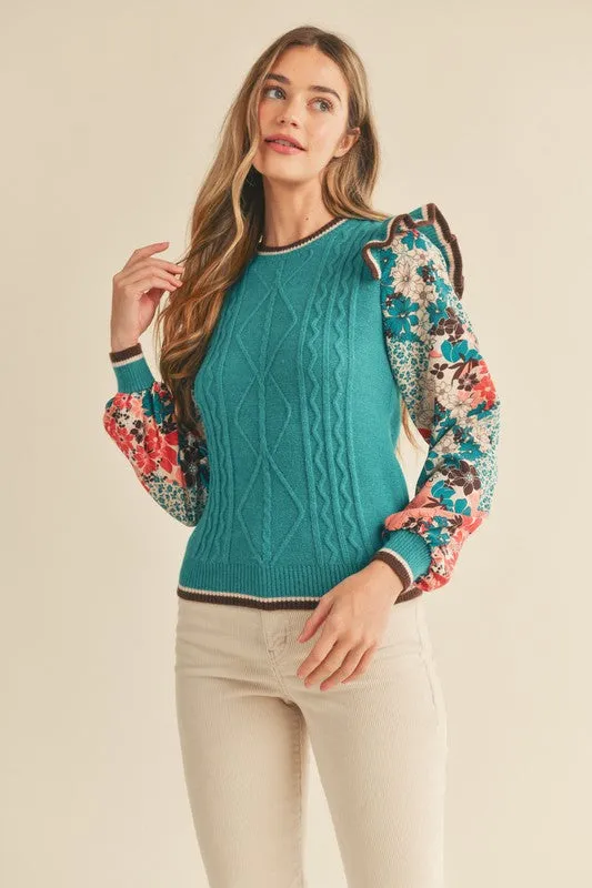 Turq Teal Mult Cable Knit Sweater Top With Woven Floral Sleeves