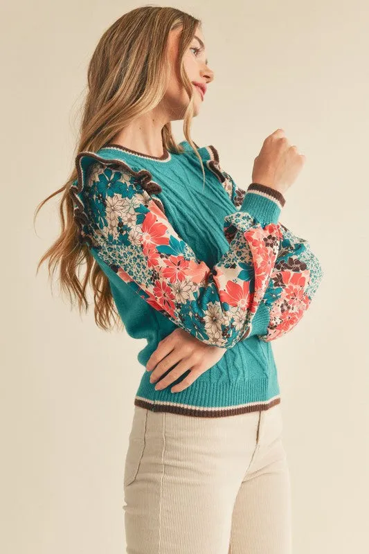 Turq Teal Mult Cable Knit Sweater Top With Woven Floral Sleeves