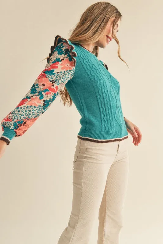 Turq Teal Mult Cable Knit Sweater Top With Woven Floral Sleeves