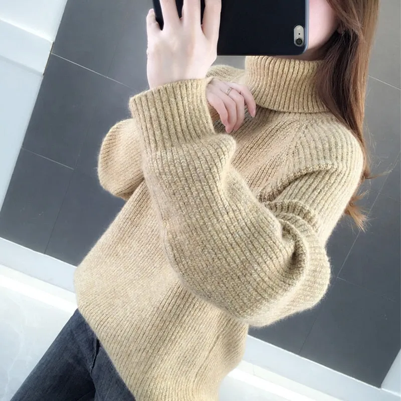 Turtleneck Sweater Warm Thick Loose Knitted Coat Winter Solid Vintage Pullover High Collar Jumper Casual Girls Outwear