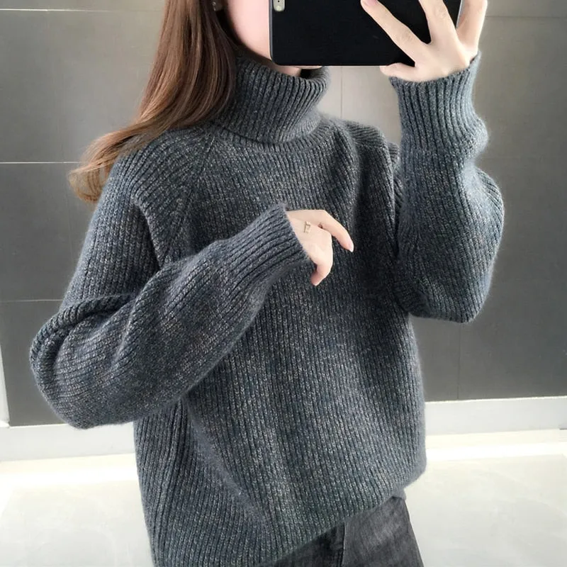 Turtleneck Sweater Warm Thick Loose Knitted Coat Winter Solid Vintage Pullover High Collar Jumper Casual Girls Outwear