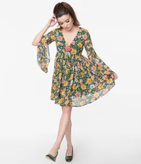 Unique Vintage Hunter Green Floral Empire Waist Dress