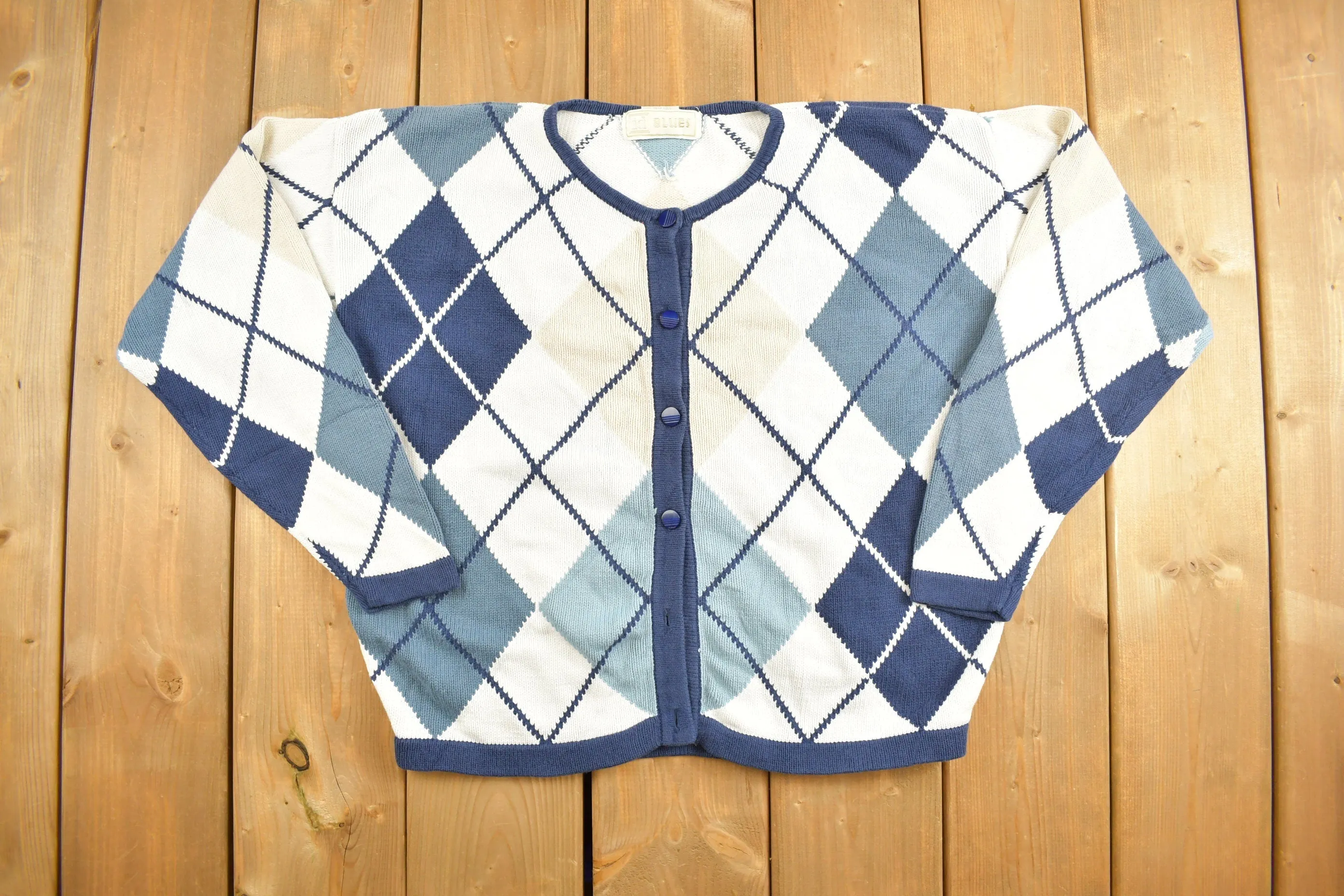 Vintage 1990s ID Blues Argyle Cardigan Sweater