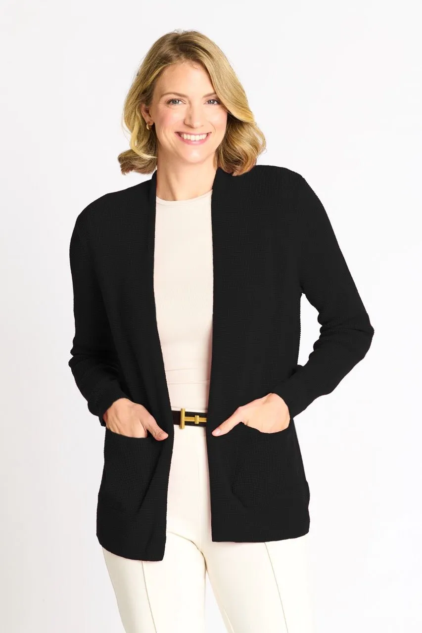 Waffle Stitch Cardigan Sweater with Pocket, Black