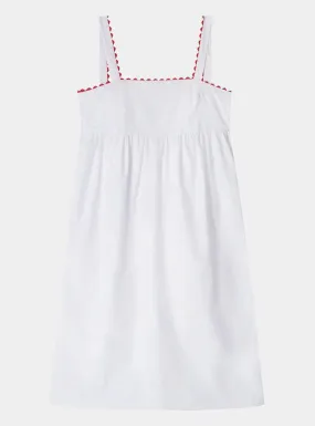 White Midi Nightdress With Red Ric Rac - 100% Cotton Poplin