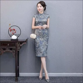 Winnal Real Silk Knee Length Cheongsam Floral Chinese Qipao Dress