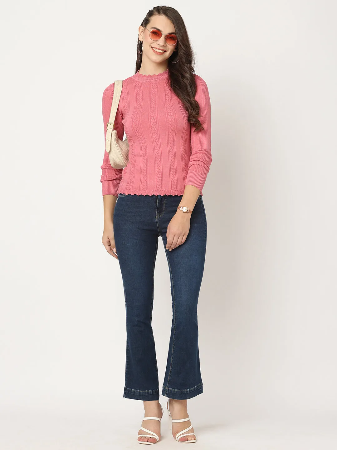 Women Slim Fit Blush Pink Ribbed Sweater