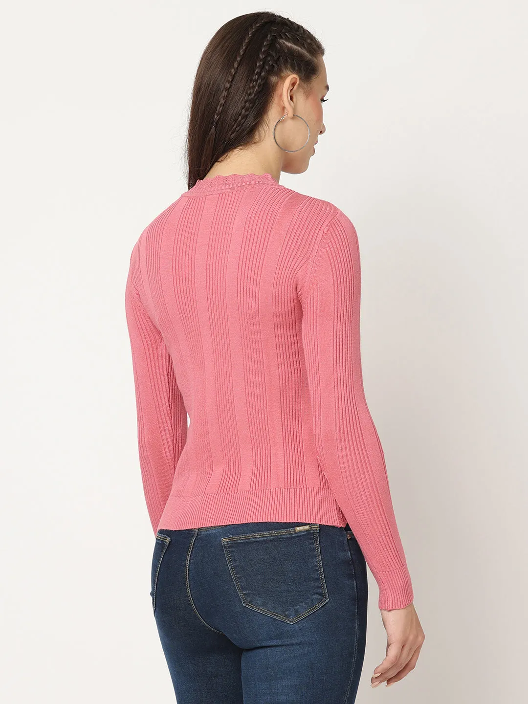 Women Slim Fit Blush Pink Ribbed Sweater