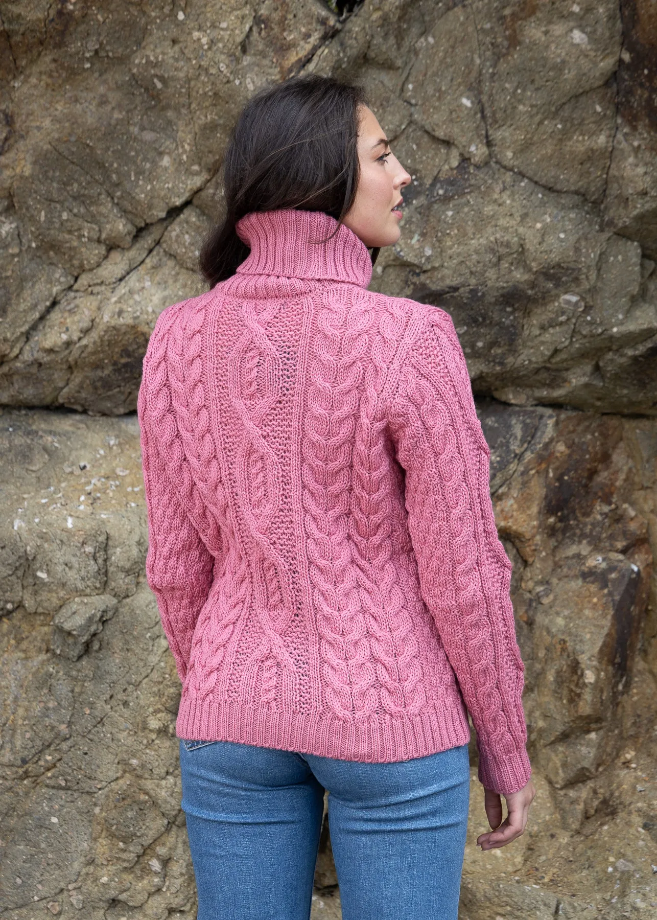 Women's Polo Neck Aran Sweater | Rosa Pink