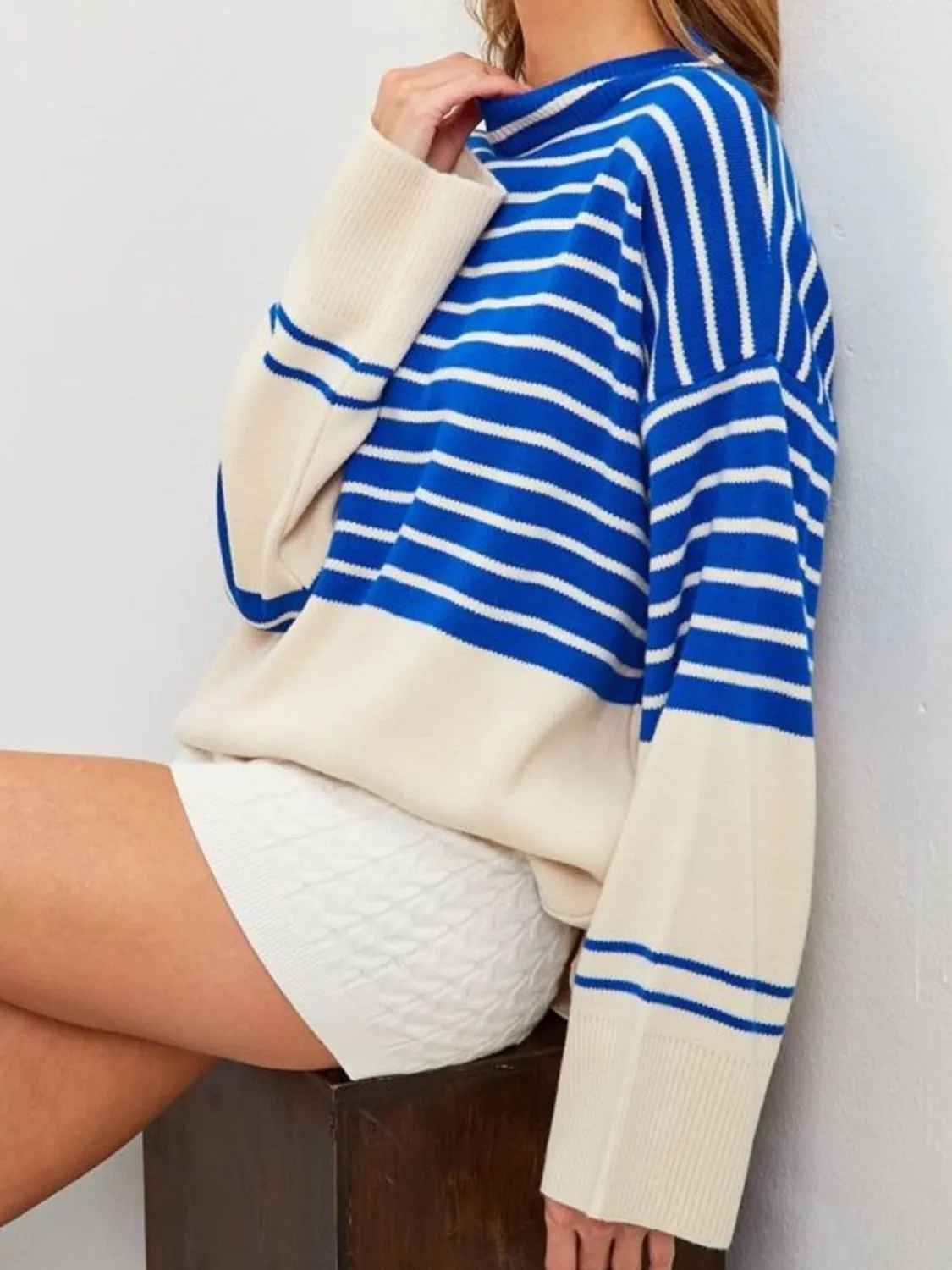 Women's Sweatshirt Warm Casual Striped Mock Neck Long Sleeve Sweater