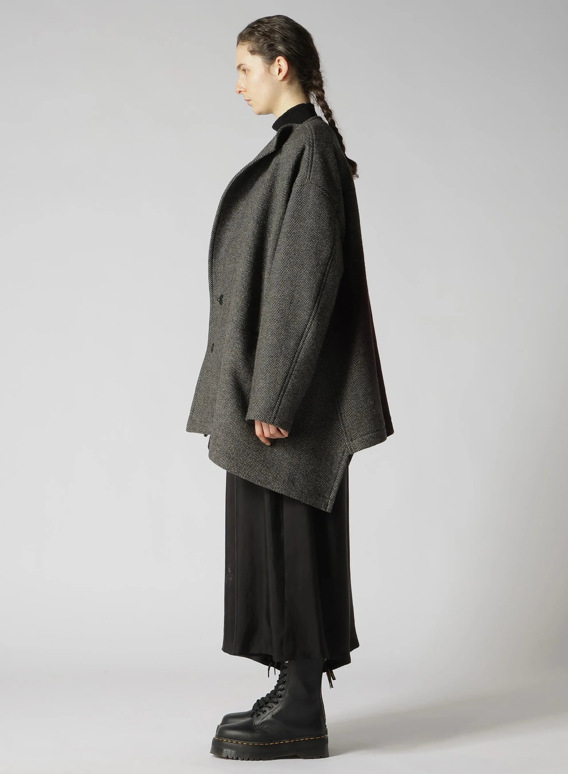 WOOL HERRINGBONE GRADATION COLLARLESS COAT