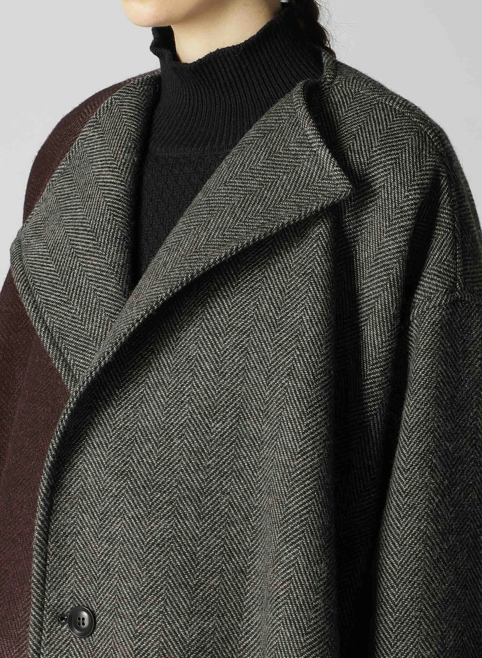 WOOL HERRINGBONE GRADATION COLLARLESS COAT