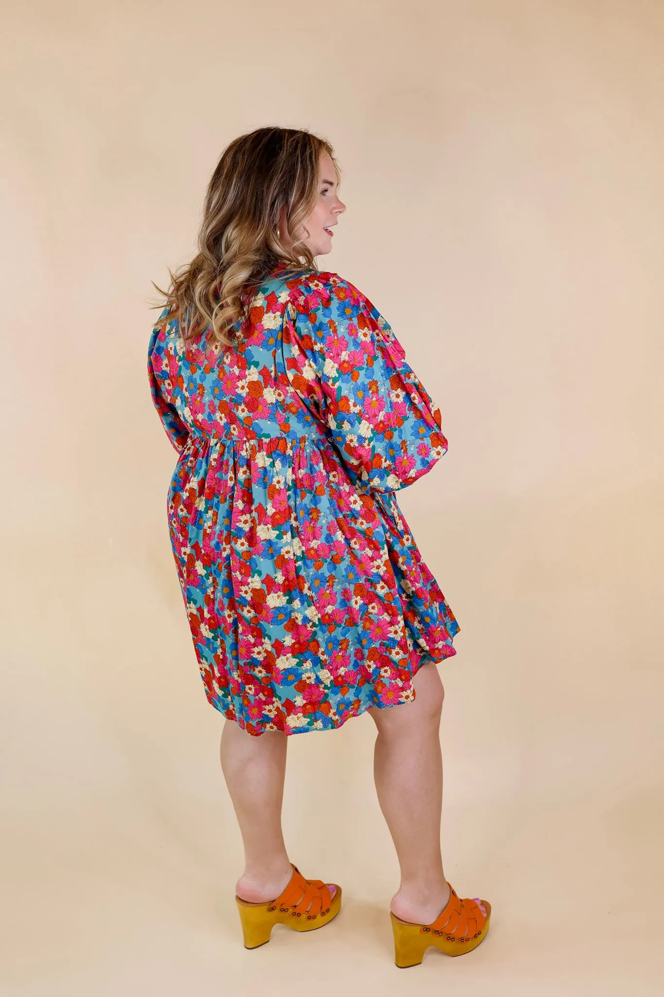 Wrapped In Love Floral Half Sleeve Dress with Keyhole Front in Turquoise